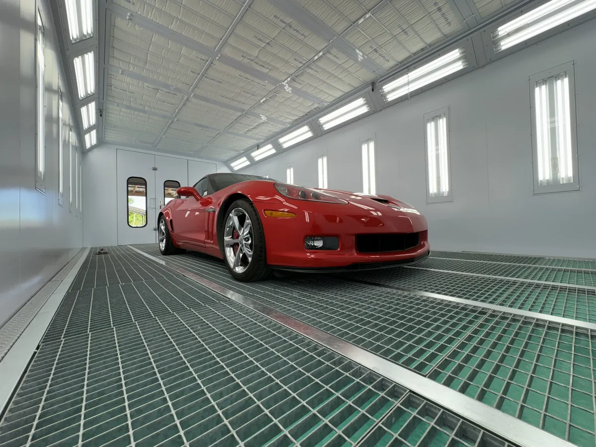 Corvette in Williams Paint & Body Shop paint booth